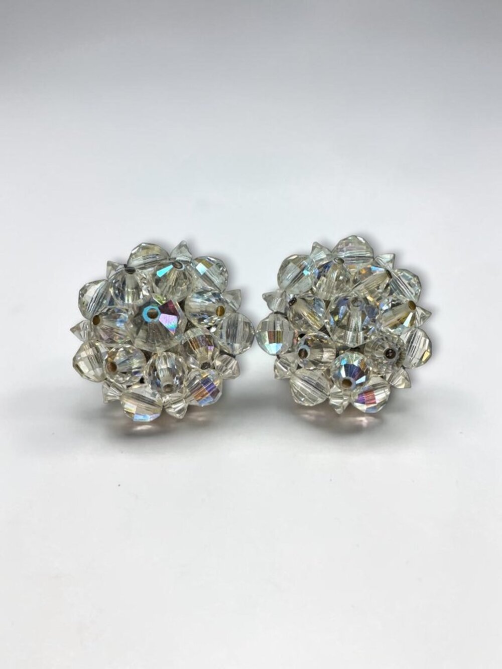 Laguna AB Crystal Bead Cluster Clip On Earrings Silver Tone Round Vintage